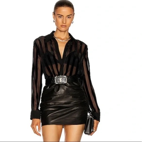 L’AGENCE Hailie Velvet Stripe Sheer Blouse In Black Large - Picture 2 of 11